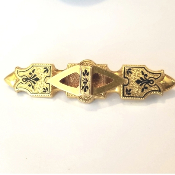 Vintage Jewelry - Antique brooch taille d'epargne bar pin gold tone Victorian